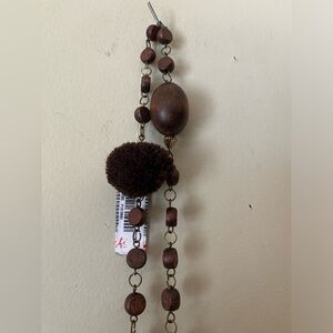 Galeries Lafayette Brown Wood and Pom Pom Long Necklace NWT
